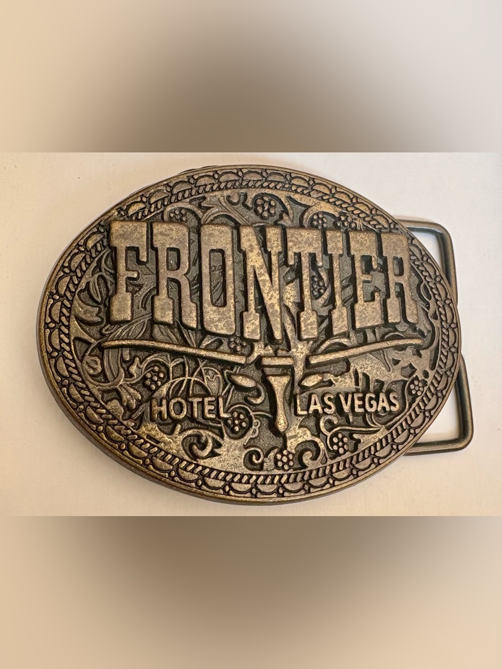 Vintage Brass belt buckle, Frontier Hotel Las Vegas Nevada